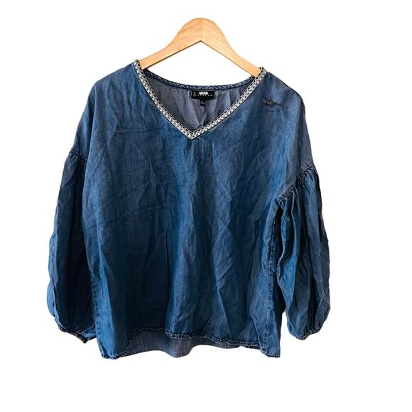 Bobeau Chambray Embroidered Balloon Sleeve Top Size Small - Picture 8 of 10